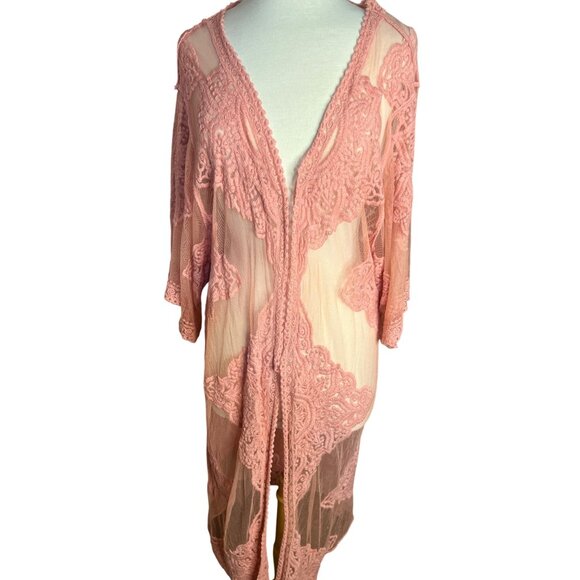 Pink Sheer Lace Kimono Cardigan Cover-Up Feminine 2XL-3XL Boho Long Elegant Sexy - Picture 2 of 12